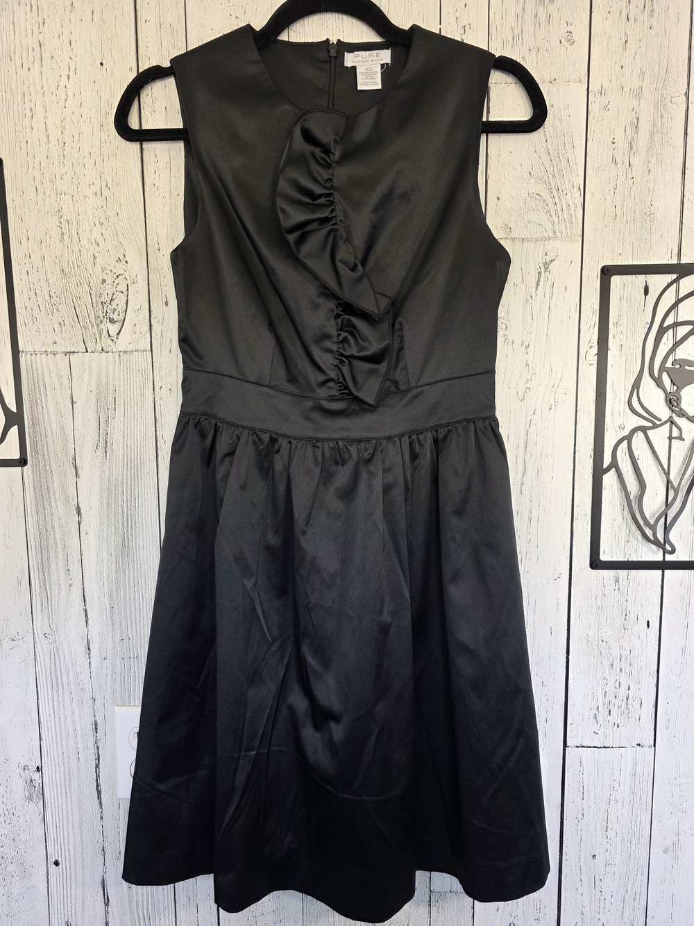 Pure Alfred Sung Black Satin Ruffle Fit & Flare Dress XS Holiday Event Christmas